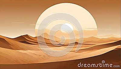 abstract desert scene with triangular sand dunes and a single circular sun, using sharp lines and subtle gradients Stock Photo