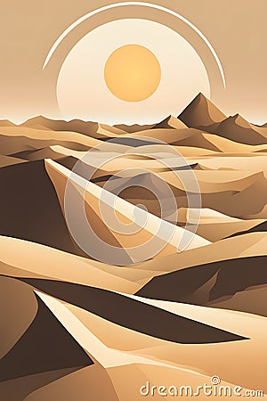 abstract desert scene with triangular sand dunes and a single circular sun, using sharp lines and subtle gradients Stock Photo
