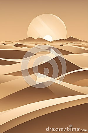 abstract desert scene with triangular sand dunes and a single circular sun, using sharp lines and subtle gradients Stock Photo