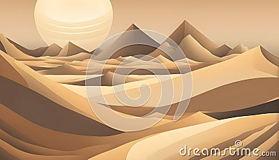 abstract desert scene with triangular sand dunes and a single circular sun, using sharp lines and subtle gradients Stock Photo