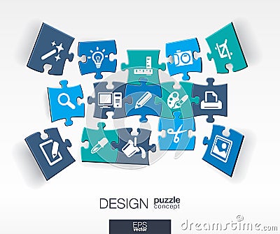 Abstract design background with connected color puzzles, integrated flat icons. 3d infographic concept with technology, app Vector Illustration