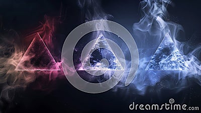 Abstract design featuring three triangular shapes surrounded by colorful luminous smoke on a dark background, creating a mystical Stock Photo