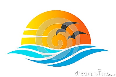 Abstract design of ocean icon or logo with sun, sea waves, sunset and seagulls silhoutte in simple flat style. Concept Vector Illustration