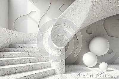 Abstract design with white spheres and curvilinear terrazzo stairs Stock Photo