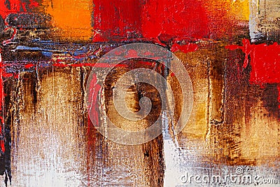 Abstract detail of acrylic paints on canvas. Relief artistic background in gold, red, black and silver color Stock Photo