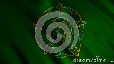 Abstract developing fabric of flag. Animation. Silhouette of beautiful golden flower on background of developing green Stock Photo