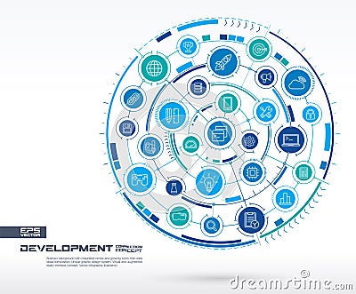 Abstract development and programming background. Digital connect system with integrated circles, glowing thin line icons Vector Illustration