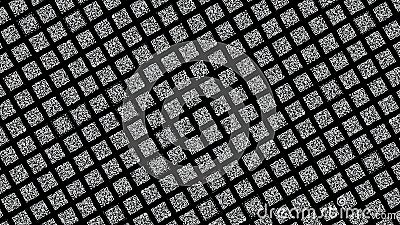 Abstract diagonal rows of square shaped black and white QR codes moving slowly on black background. Animation. Concept Stock Photo