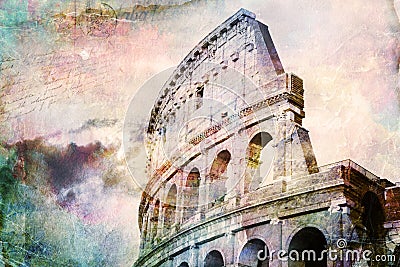 Abstract digital art of Colosseum, Rome. Old paper. Postcard, high resolution, printable on canvas Stock Photo