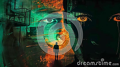 Abstract digital art depicting a figure with imposing eyes overlaid, symbolizing surveillance Stock Photo