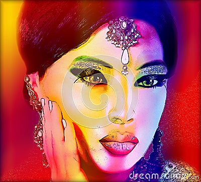 Abstract digital art of Indian or Asian woman's face, close up with colorful make up. Stock Photo