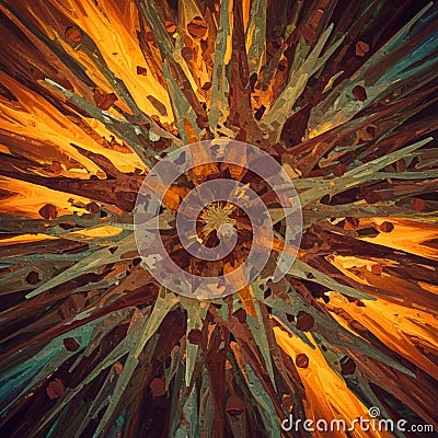 Abstract digital art piece featuring a radial burst of sharp, angular shapes emanating Stock Photo