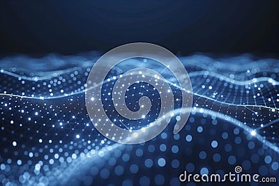 Abstract digital background with connecting dots and lines forming an illuminated wavy pattern on dark blue, creating the concept Cartoon Illustration