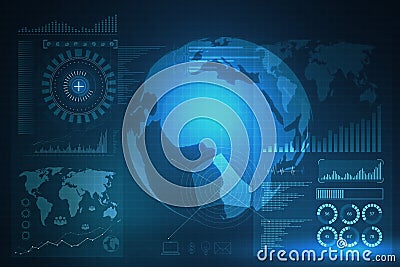 Abstract digital business interface background with globe. Interface, chart and hud concept. Stock Photo