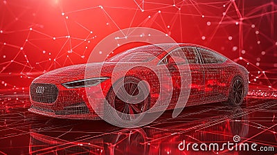 Abstract Digital Car, Wireframe Vehicle, Red Technology Pattern Background, Network Connections Stock Photo