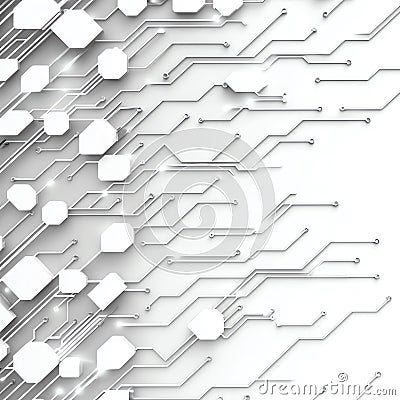 Abstract digital circuit board background featuring white and grey geometric shapes and lines representing modern technology Stock Photo