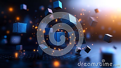 Abstract digital cubes floating in glowing space creating mesmerizing visual effect interplay of light and shadow enhances Stock Photo