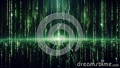 Abstract Digital Cybernetic Matrix Code with Flowing Green Digital Code Green Light Streaks Representing Data Flow in a Futuristic Stock Photo