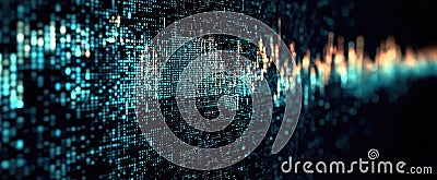 Abstract digital dark background, dynamic audio wave visualization and data. Theme of soundwave, technology, sound, frequency Stock Photo