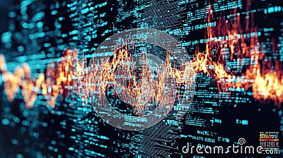 Abstract digital dark background with dynamic audio wave visualization, fire and data. Theme of soundwave, technology, sound, code Stock Photo