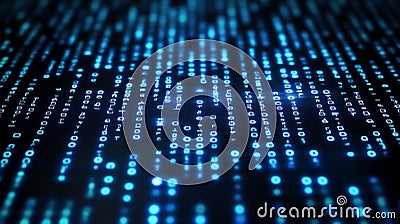 Abstract digital data with glowing blue binary code on dark background Stock Photo