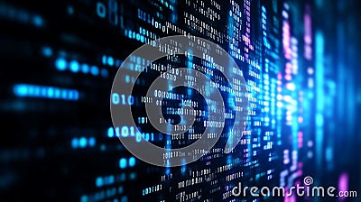 Abstract digital data stream with glowing binary code on dark background Stock Photo