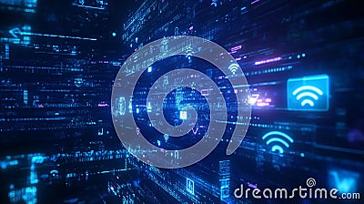 Abstract Digital Data Stream Network Technology Background web blue neon code wifi cyber space light Stock Photo
