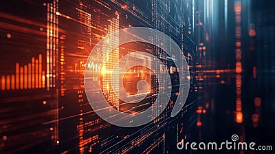 Abstract Digital Data Stream Orange Glowing Lines Technology Background Futuristic Network Code Flow Cyber Stock Photo