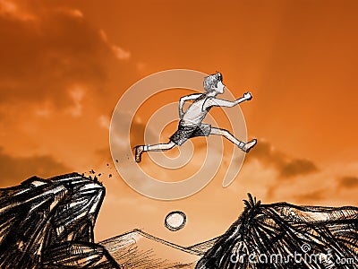 abstract digital draw man jumping over between two mountains wit Stock Photo