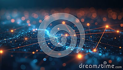 Abstract digital illustration complex network connections. Bright glowing dots, lines create intricate pattern suggestive of big Cartoon Illustration