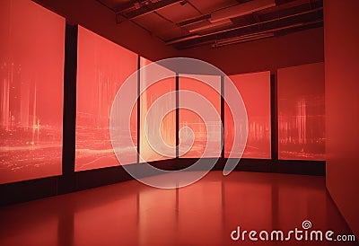 Abstract digital image of a room with five large screens displaying a fiery, red landscape with vertical beams of light Vector Illustration