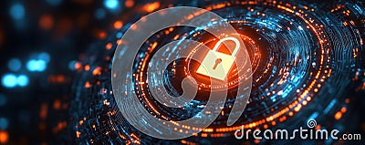 Abstract digital image shows glowing padlock icon. Data encryption concept. Secure access to personal info. Illustrates online Stock Photo