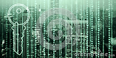 Abstract digital key on dark coding language city background with mock up place. Technology and web access concept. Double Stock Photo