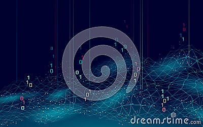 Abstract digital landscape 3D blue background. Information code flow data analysis concept. Modern grid mesh scape Vector Illustration