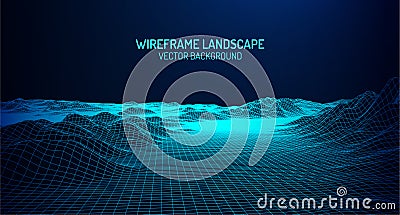 Abstract digital landscape with stars on horizon. Wireframe landscape background. Big Data. 80s Retro Sci-Fi Background Cartoon Illustration