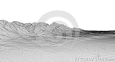 Abstract digital landscape with stars on horizon. Wireframe landscape background. Big Data. 80s Retro Sci-Fi Background Cartoon Illustration