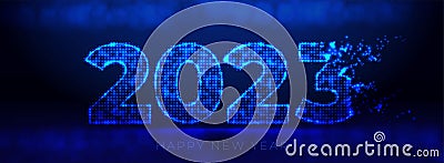 Abstract digital neon blue 2023 text from glowing particles. Points and dots forming number of the new year. Wide Vector Illustration