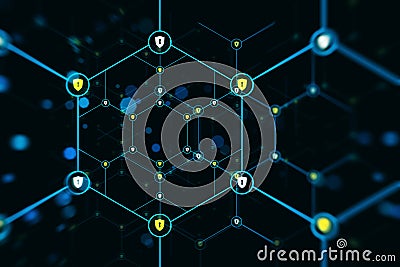 An abstract digital network with nodes and encryption icons in hues with light effects on a dark background. 3D Rendering Stock Photo