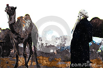 Abstract digital painting of camels in desert, camel fair in India illustration Cartoon Illustration