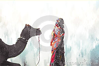 Abstract digital painting of camels in desert, camel fair in India illustration Cartoon Illustration