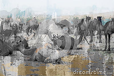 Abstract digital painting of camels in desert, camel trade fair in India illustration Cartoon Illustration