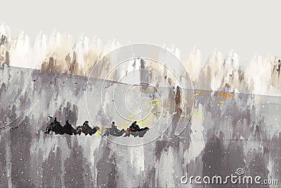 Abstract digital painting of desert with people and camels on sand dune Stock Photo