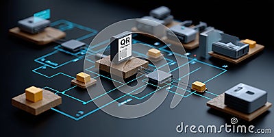 Abstract digital payment gateway with QR code, AI fraud detection, futuristic secure network Stock Photo