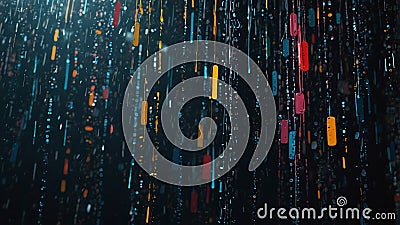 Abstract digital rain with colorful binary streams and glowing elements on dark background Stock Photo