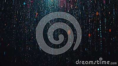 Abstract digital rain with colorful glowing particles and binary streams on dark background Stock Photo