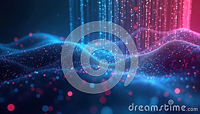 Abstract digital rain flows vertically in cyberspace. Blue, pink particles create dynamic stream. Vertical data flow represents Stock Photo