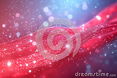 Abstract digital red fiber optics with bokeh lights visualizing high speed data flow communication technology and network infra Cartoon Illustration