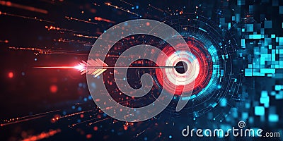 Dynamic abstract target visualization with a central arrow surrounded by vibrant digital patterns and colors Stock Photo