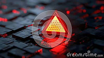 Abstract digital scene featuring a glowing red triangular object on a surface of dark, shiny, rectangular tiles. Stock Photo