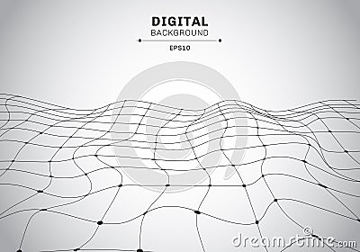 Abstract digital technology black wireframe polygonal landscape white background. Connected lines and dots futuristic Vector Illustration
